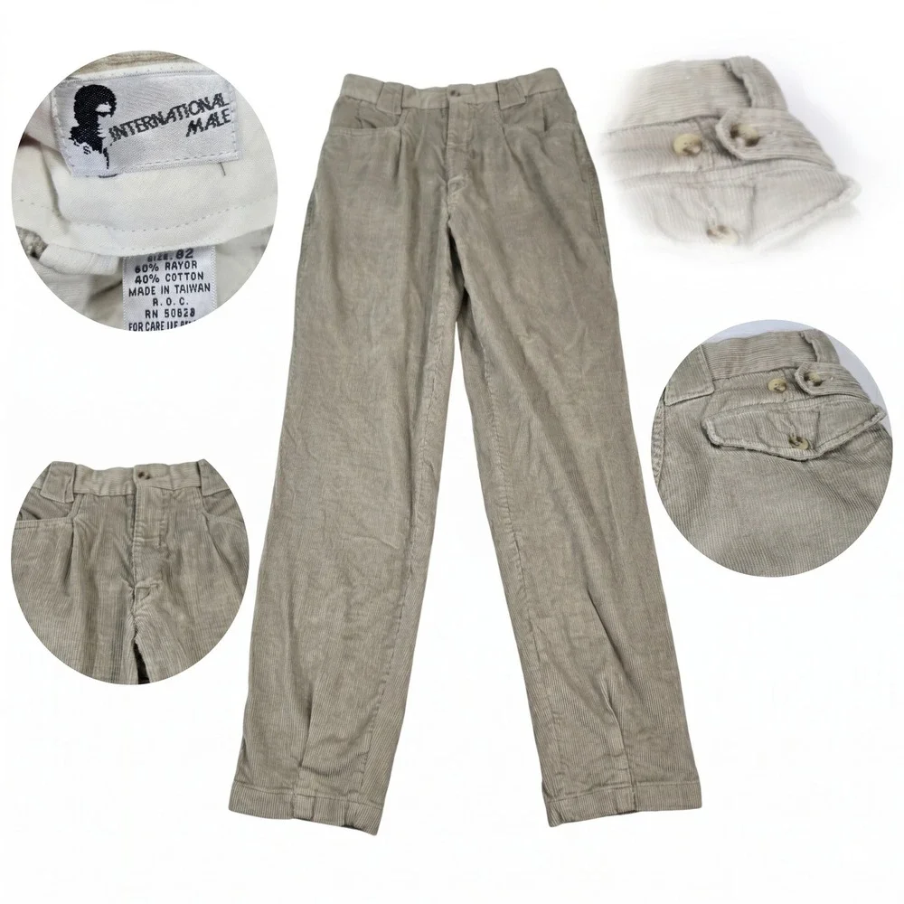 Vintage International Male Corduroy Pants 32 Pleated Rayon Beige Made in Taiwan